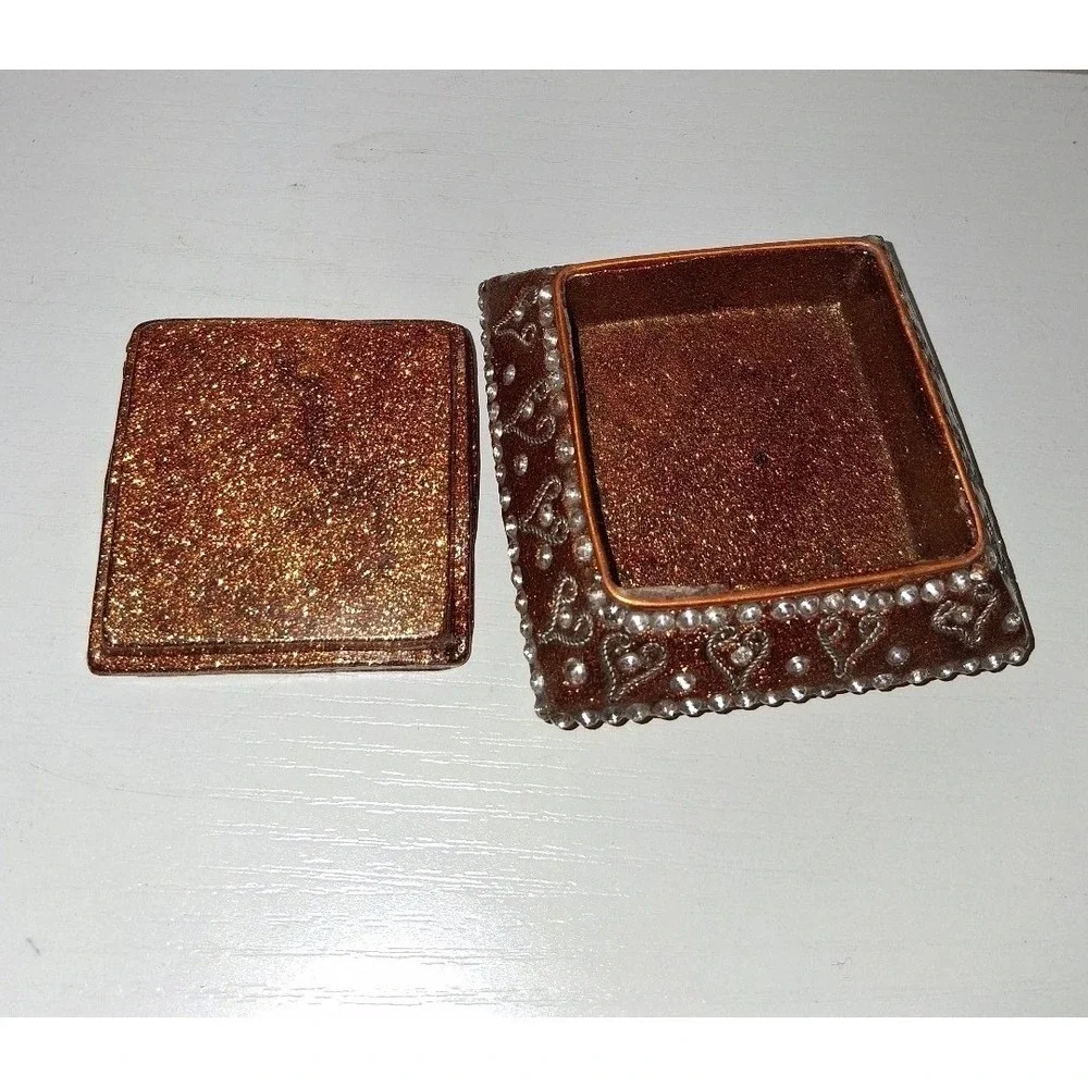 Decorative Bronze Glitter Trinket Box Jeweled Hinged Lid Boho Box 3
